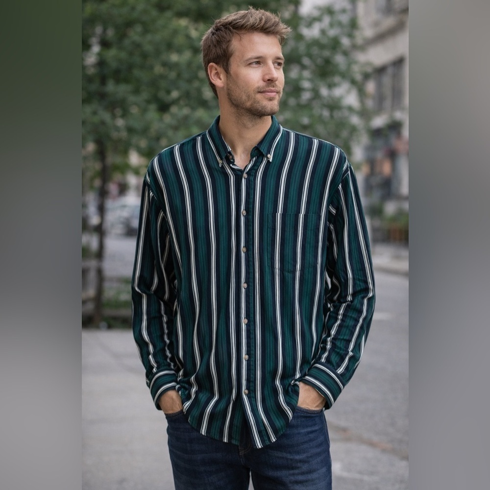 VTG Salmon River Traders Stripe Long Sleeve Collared Shirt Size Green Striped